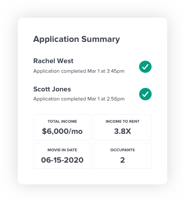 Renter application summary screenshot. Showing applicant names, and dates submitted. Total income, income to rent, move in date, and number of occupants.