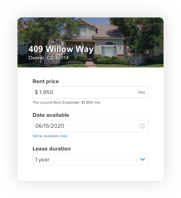 Adding property details to a listing. Showing rent price, date available, and lease duration.