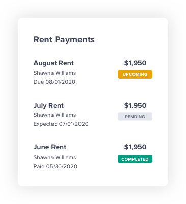 Rent Payments screenshot. Showing rental payments upcoming, pending, and completed